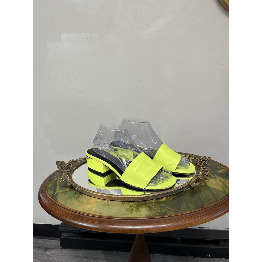 Alexander Wang Neon Yellow Leather Open Toe Block Heel Slide Mules Size 38 /US 8